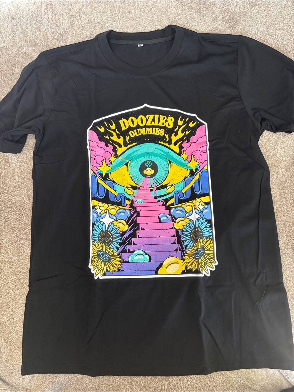 Black Women’s Graphic Tee - Colorful Eye Staircase Design
